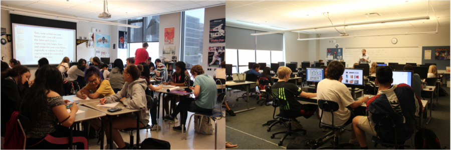 Freshman Ac Lab A2116 (right) spend their Eagle Lab writing letters to their future selves while senior Ac Lab A1807 (left) showed low turnout and were given a free period. 