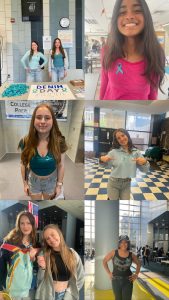 Jones students wearing teal ribbons for Denim Day, a day dedicated to honoring survivors of sexual abuse .
