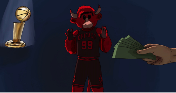 Benny the Bull choosing between championships or money.