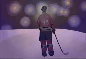 Blackhawks forward Connor Bedard looking up at the lights.
